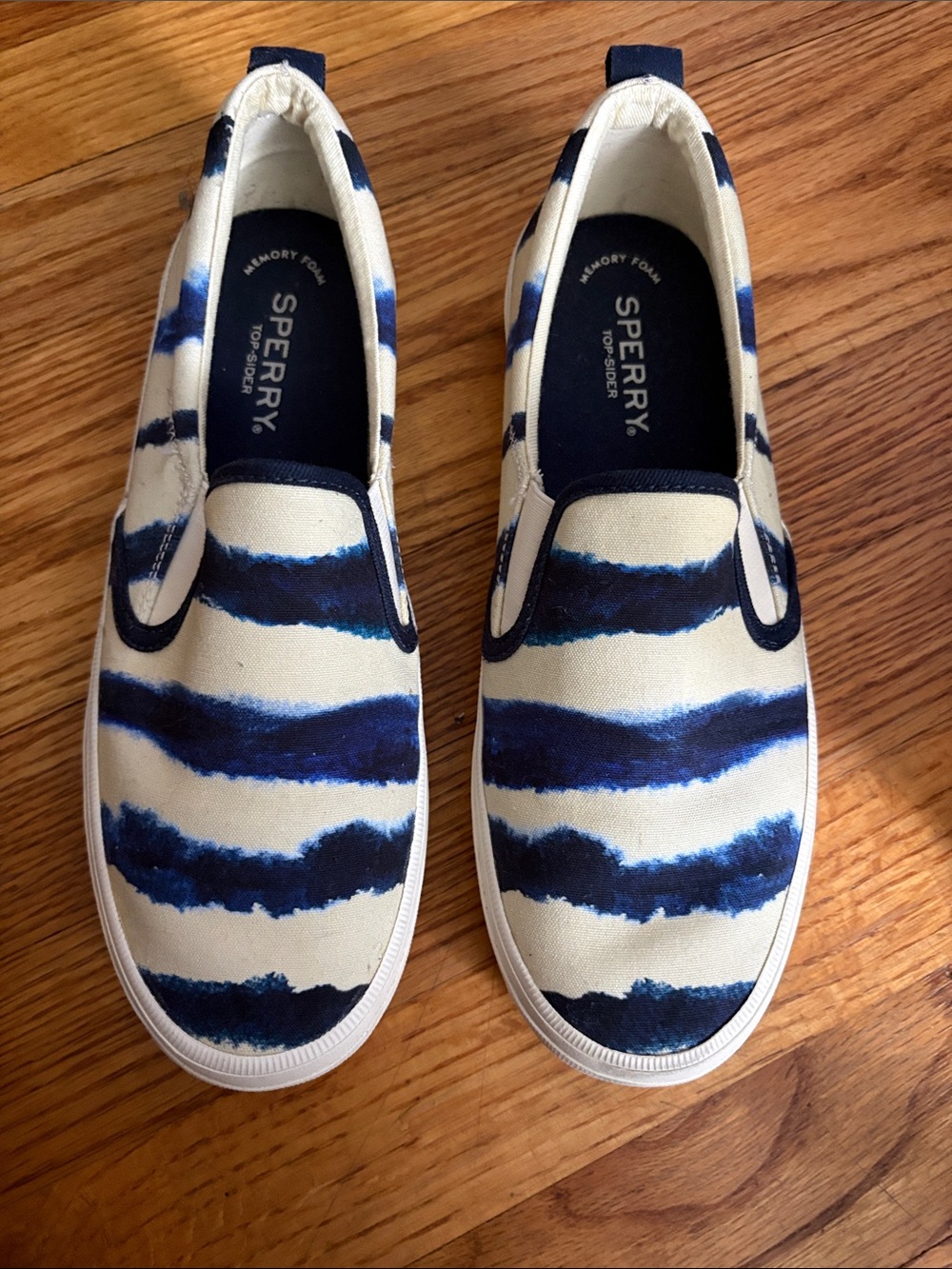 Sperry Women’s Blue and White Striped Slip-On Sneakers